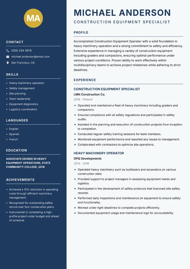 Construction Equipment Operator resume sample — Construction Equipment Specialist focus