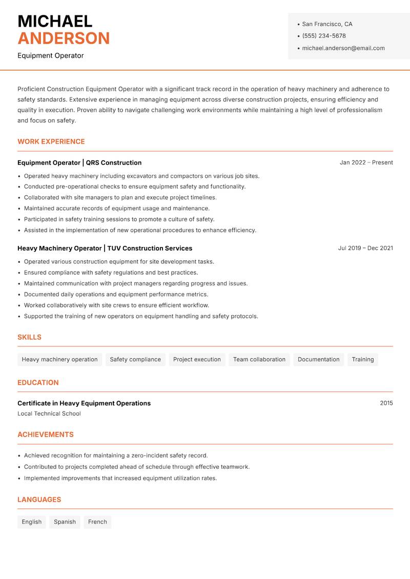 Construction Equipment Operator resume sample — Equipment Operator focus