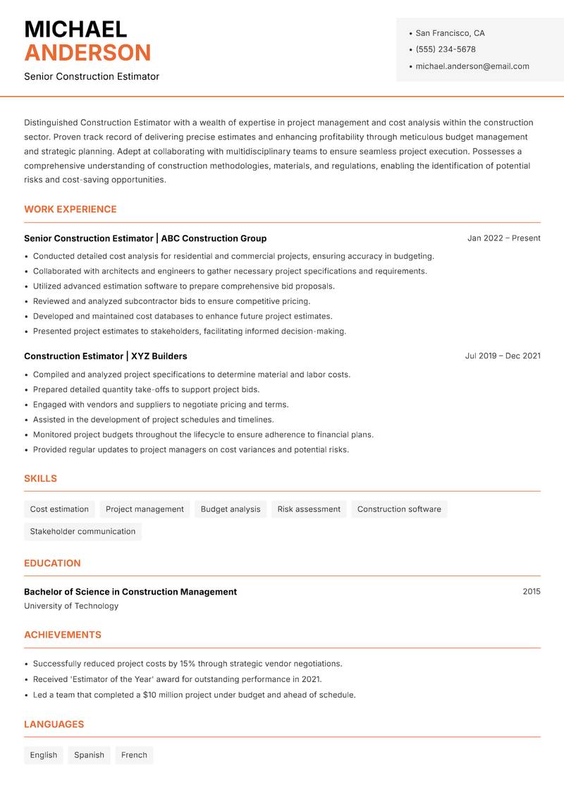 Construction Estimator resume sample — Senior Construction Estimator focus
