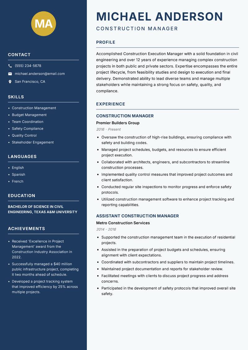 Construction Execution Manager resume sample — Construction Manager focus
