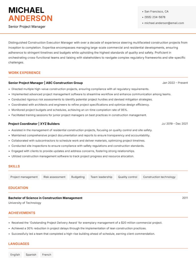 Construction Execution Manager resume sample — Senior Project Manager focus