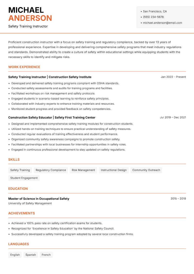 Construction Instructor resume sample — Safety Training Instructor focus