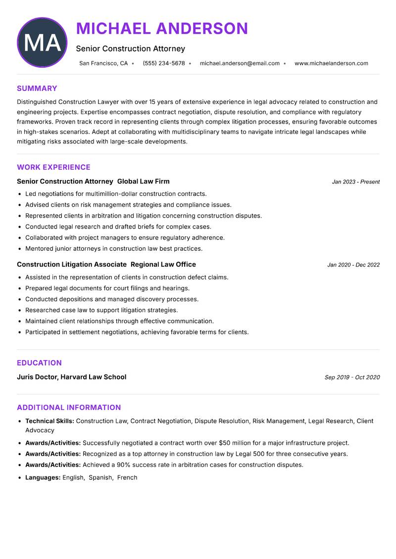 Construction Lawyer resume example