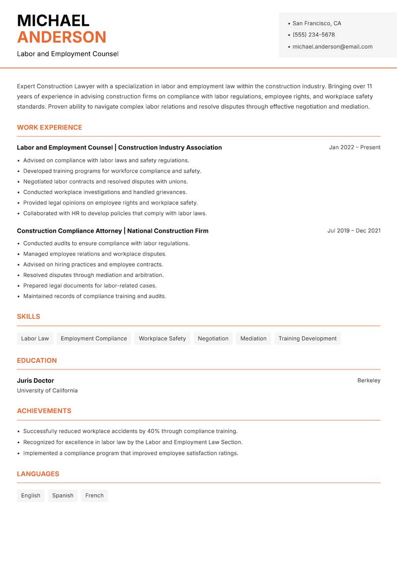 Construction Lawyer resume sample — Labor and Employment Counsel focus
