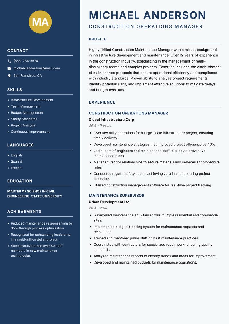 Construction Maintenance Manager resume sample — Construction Operations Manager focus