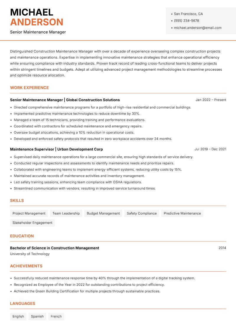 Construction Maintenance Manager resume sample — Senior Maintenance Manager focus