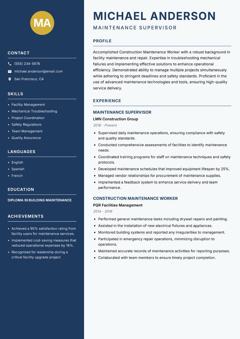 Construction Maintenance Worker resume sample — Maintenance Supervisor focus