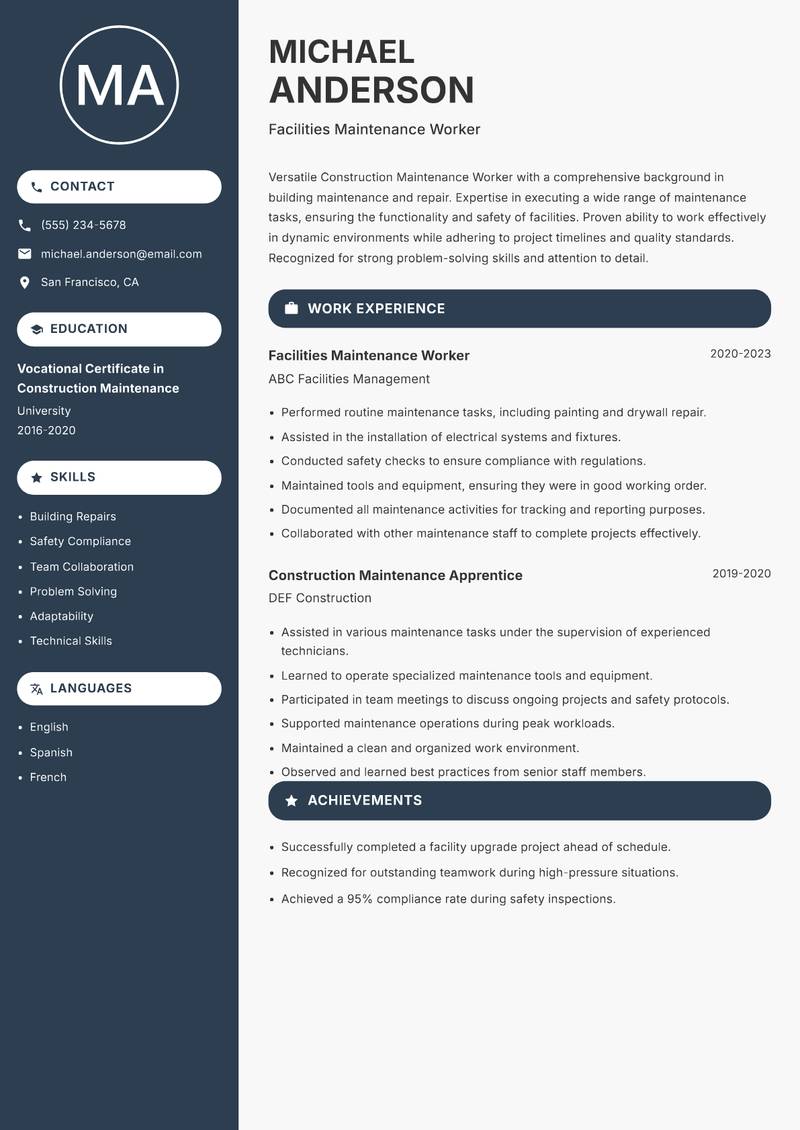 Construction Maintenance Worker resume sample — Facilities Maintenance Worker focus