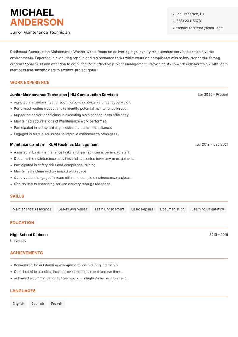 Construction Maintenance Worker resume sample — Junior Maintenance Technician focus