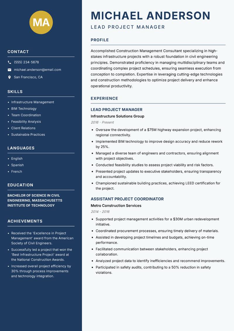 Construction Management Consultant resume sample — Lead Project Manager focus