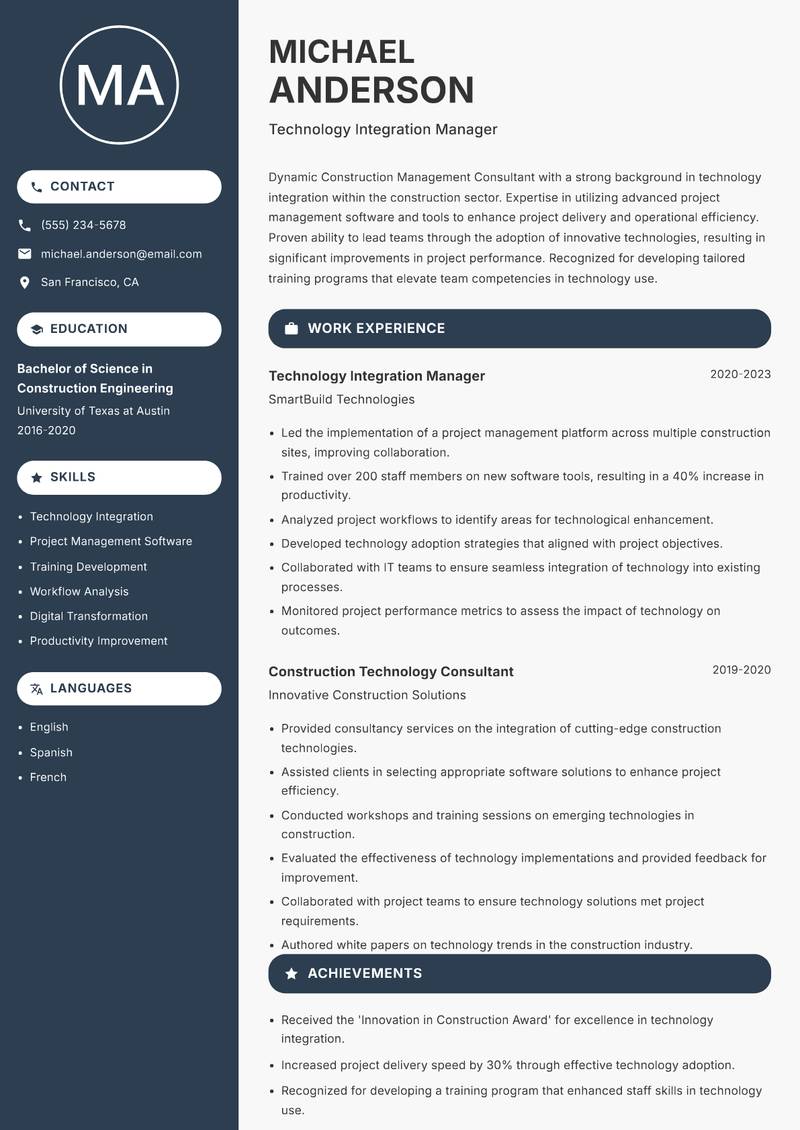 Construction Management Consultant resume sample — Technology Integration Manager focus