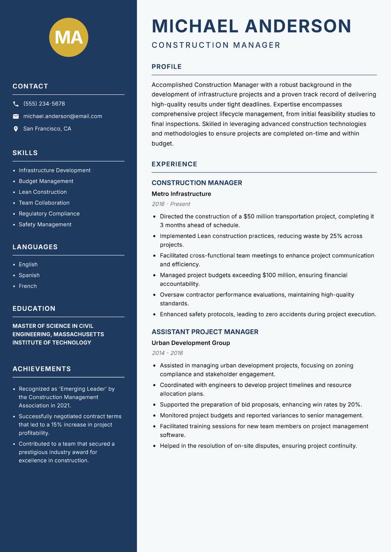 Construction Manager resume sample — Construction Manager focus