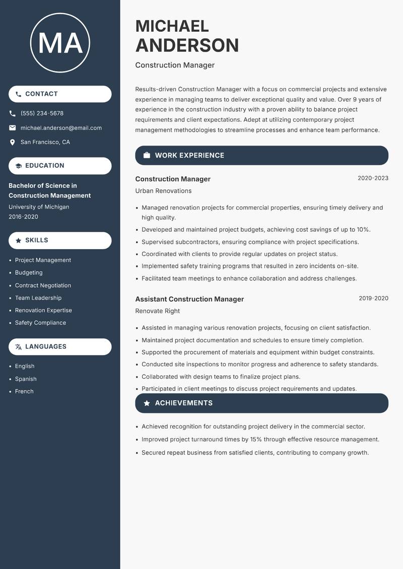Construction Manager resume sample — Construction Manager focus