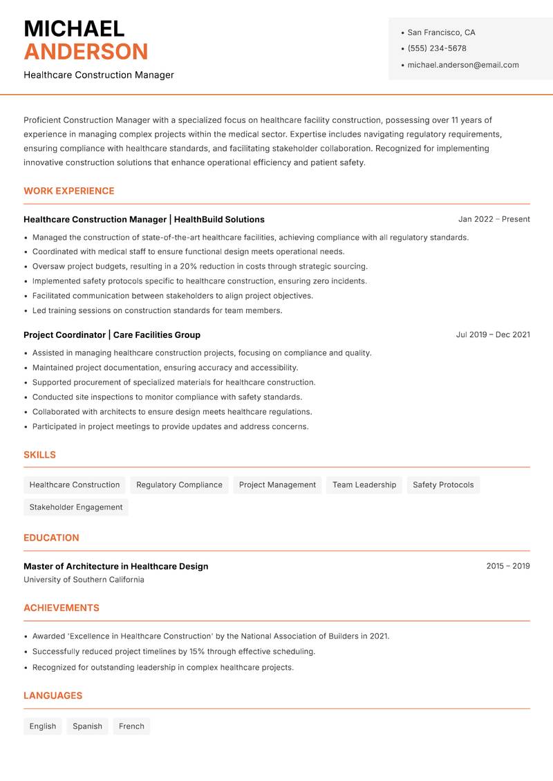 Construction Manager resume sample — Healthcare Construction Manager focus