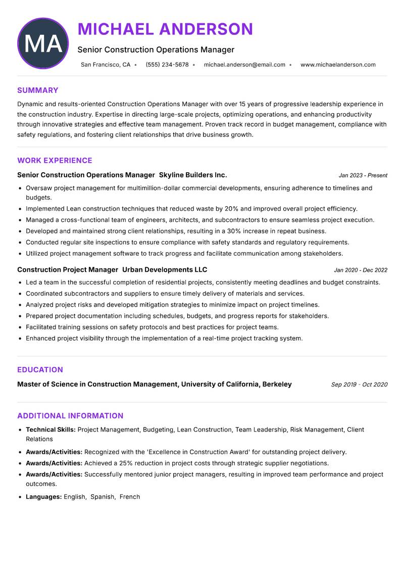 Construction Operations Manager resume example