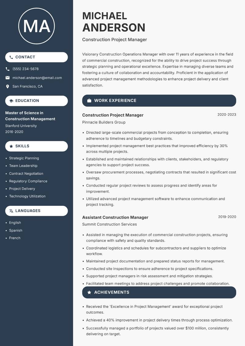 Construction Operations Manager resume sample — Construction Project Manager focus