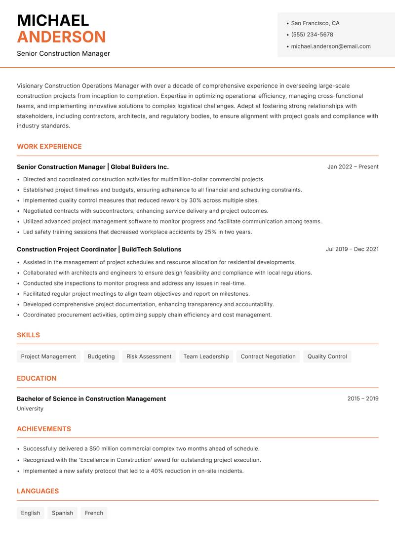 Construction Operations Manager resume sample — Senior Construction Manager focus