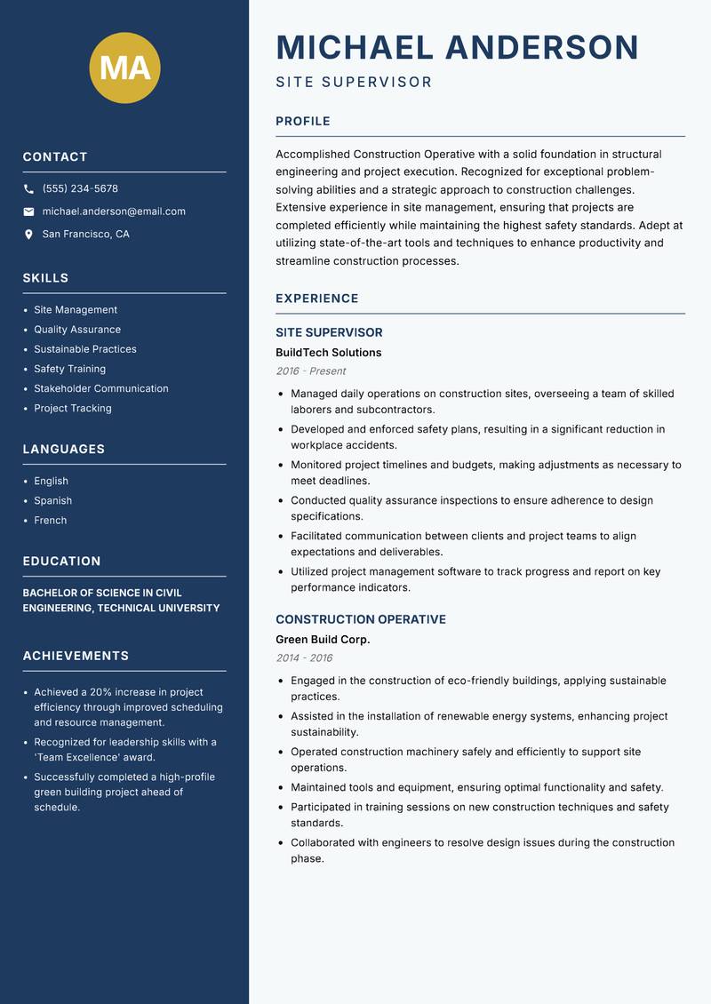Construction Operative resume sample — Site Supervisor focus