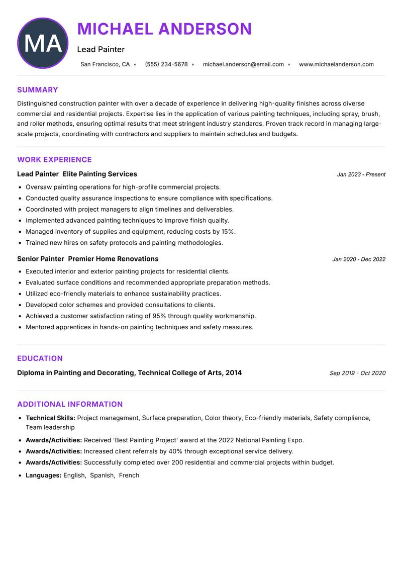 Construction Painter resume example