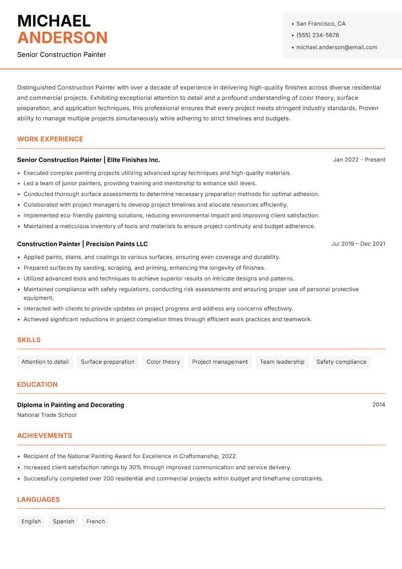 Construction Painter resume sample — Senior Construction Painter focus