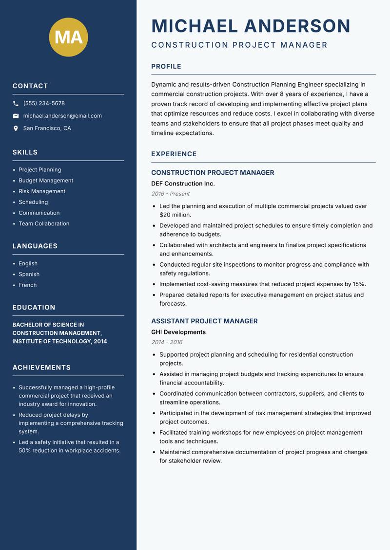 Construction Planning Engineer resume sample — Construction Project Manager focus