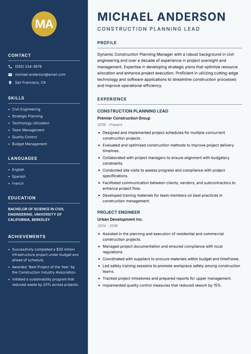 Construction Planning Manager resume sample — Construction Planning Lead focus