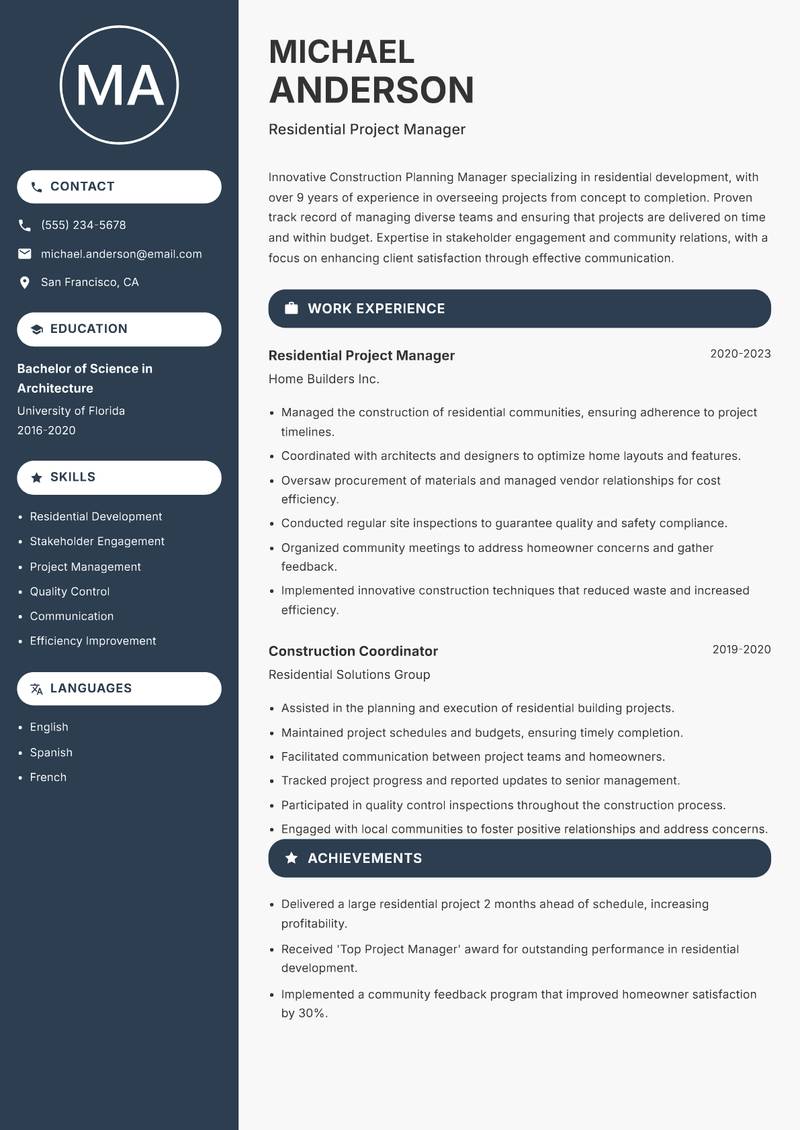 Construction Planning Manager resume sample — Residential Project Manager focus