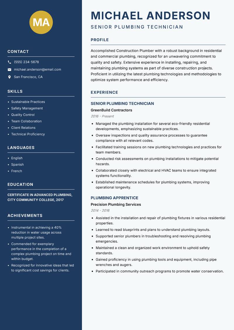 Construction Plumber resume sample — Senior Plumbing Technician focus