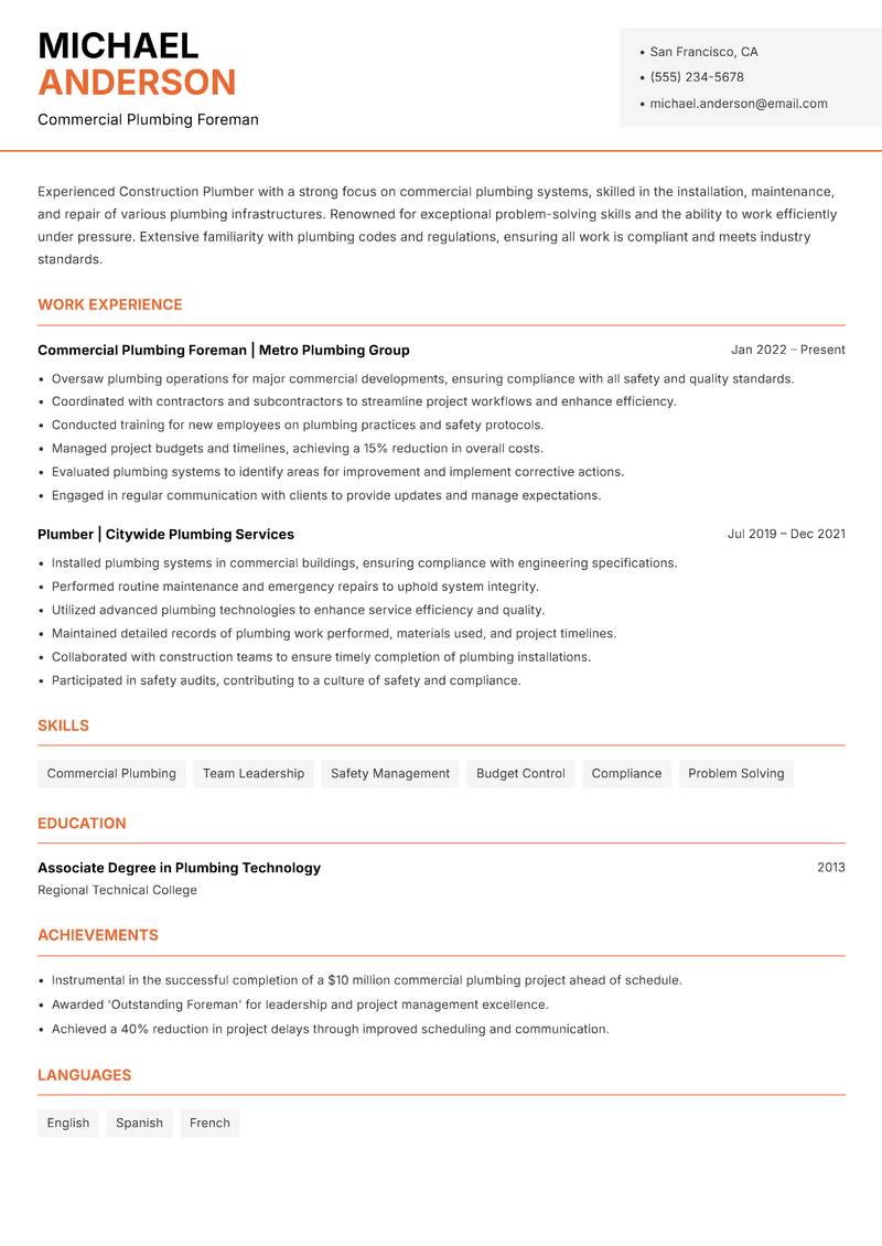 Construction Plumber resume sample — Commercial Plumbing Foreman focus