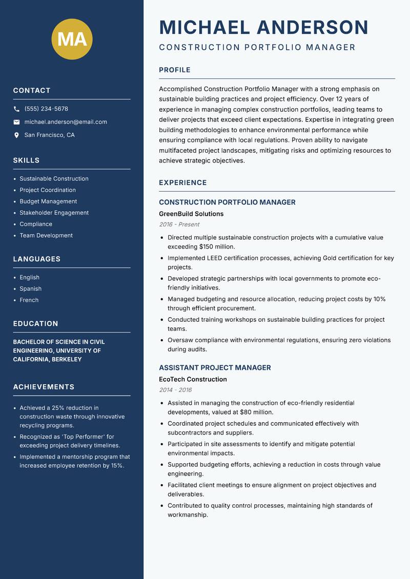 Construction Portfolio Manager resume sample — Construction Portfolio Manager focus