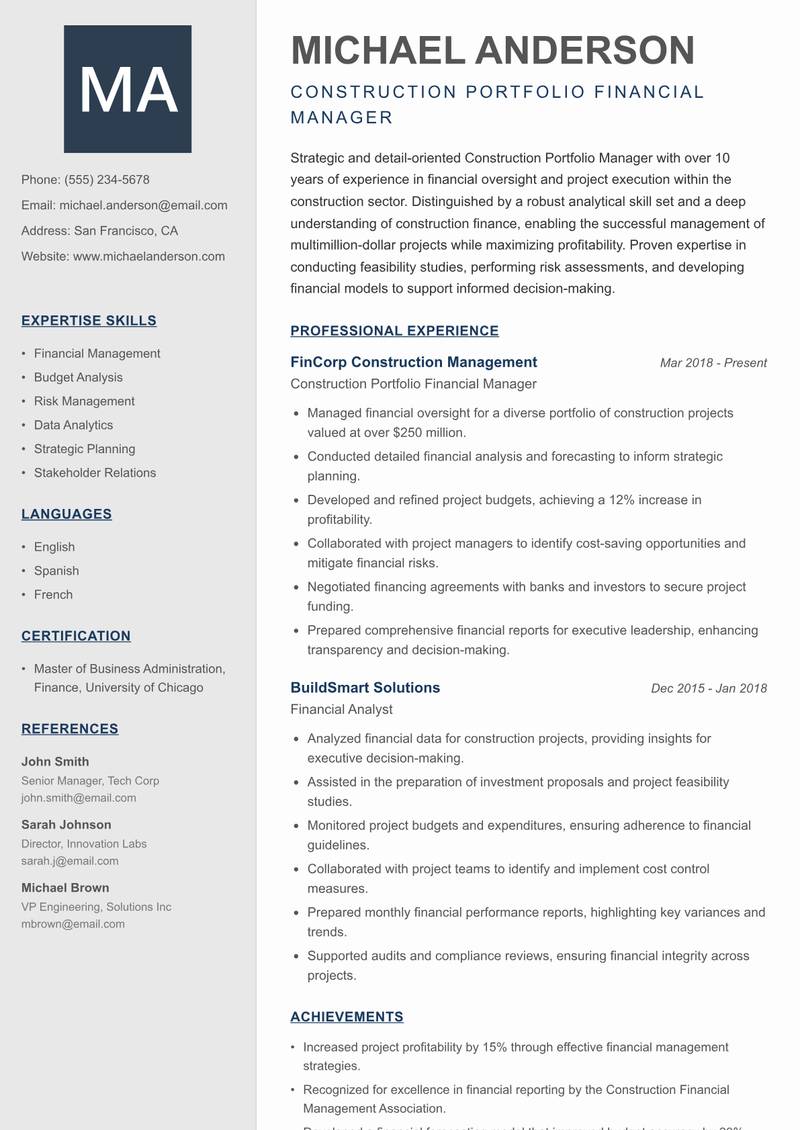 Construction Portfolio Manager resume sample — Construction Portfolio Financial Manager focus