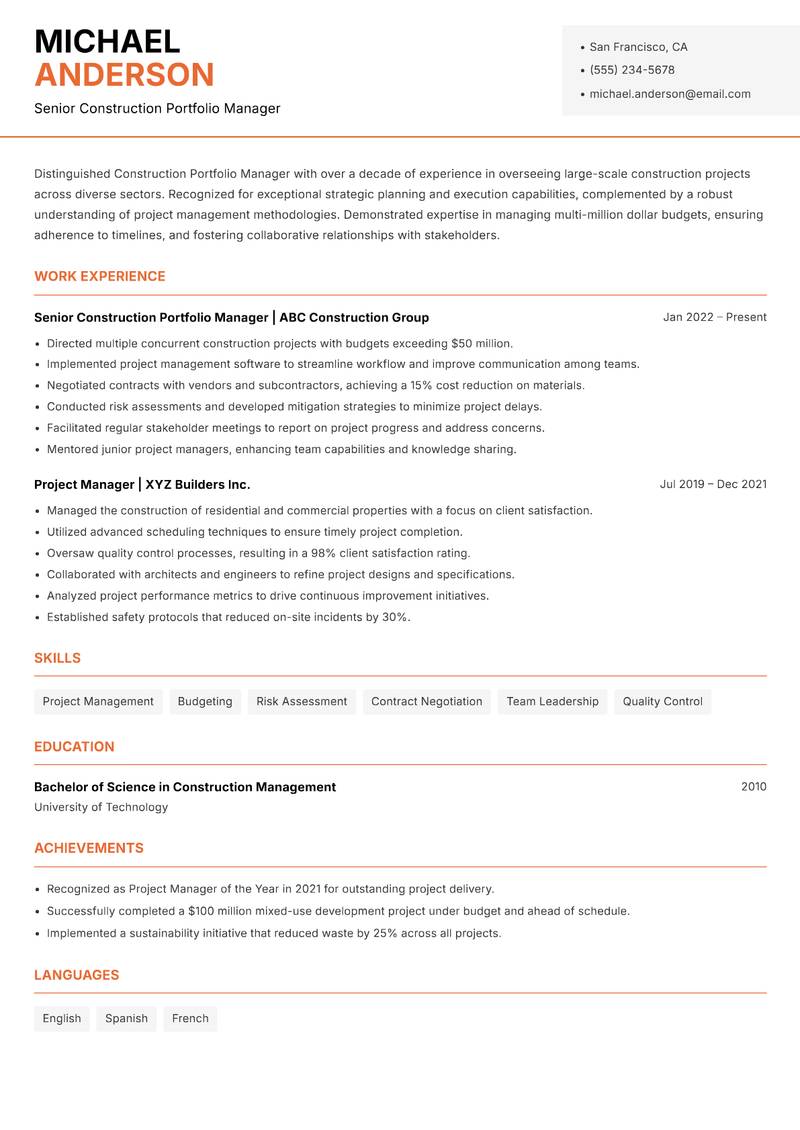 Construction Portfolio Manager resume sample — Senior Construction Portfolio Manager focus