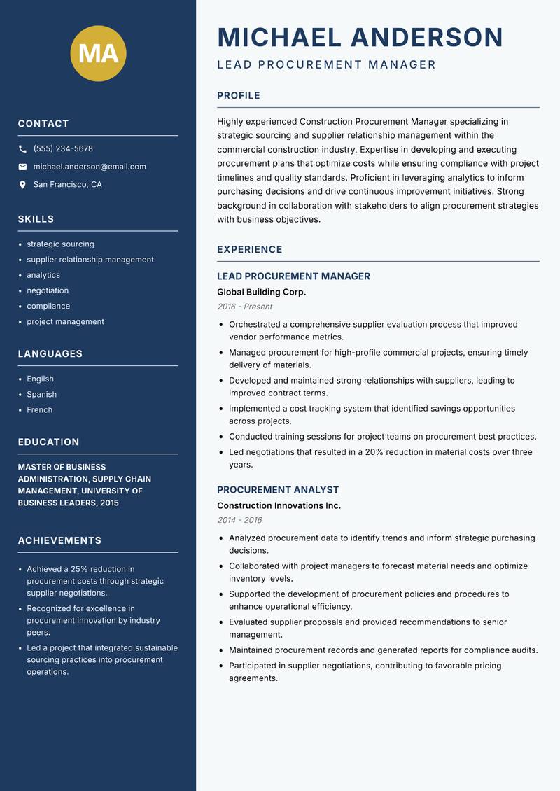 Construction Procurement Manager resume sample — Lead Procurement Manager focus
