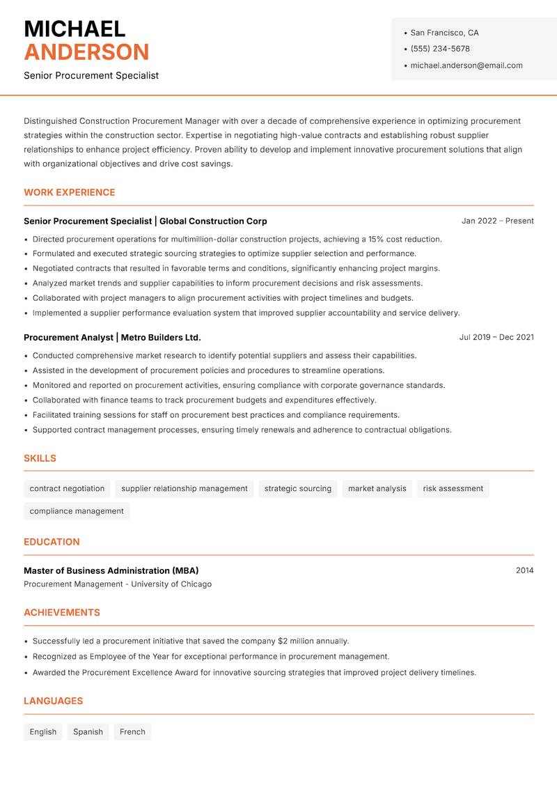 Construction Procurement Manager resume sample — Senior Procurement Specialist focus
