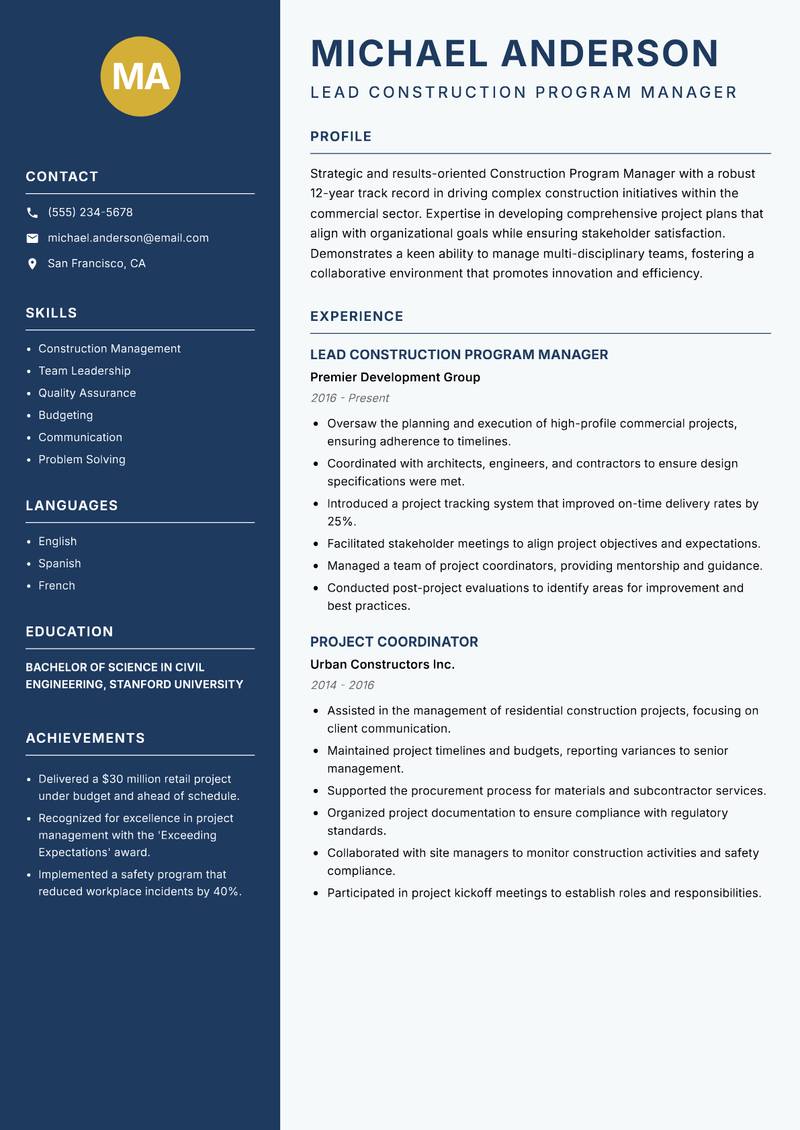 Construction Program Manager resume sample — Lead Construction Program Manager focus