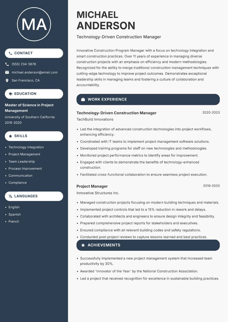 Construction Program Manager resume sample — Technology-Driven Construction Manager focus