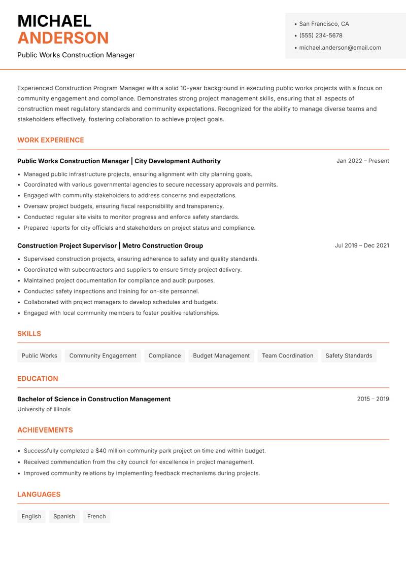 Construction Program Manager resume sample — Public Works Construction Manager focus