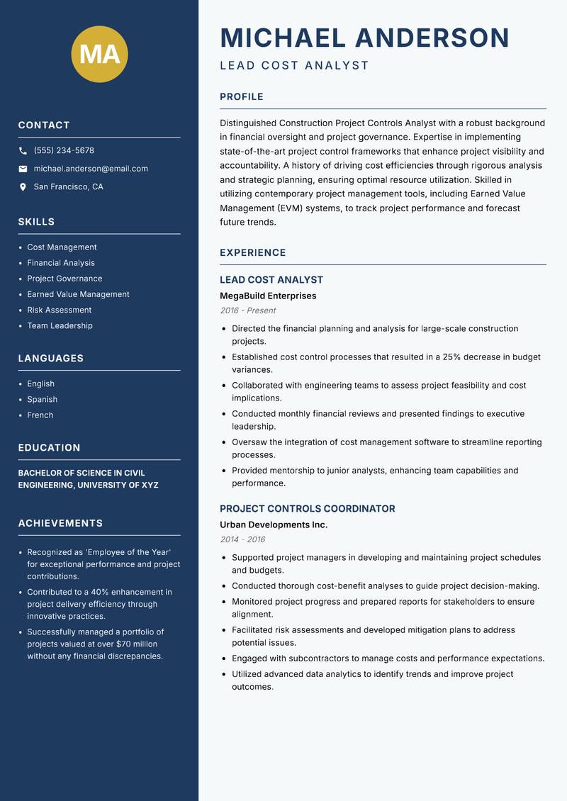 Construction Project Controls Analyst resume sample — Lead Cost Analyst focus