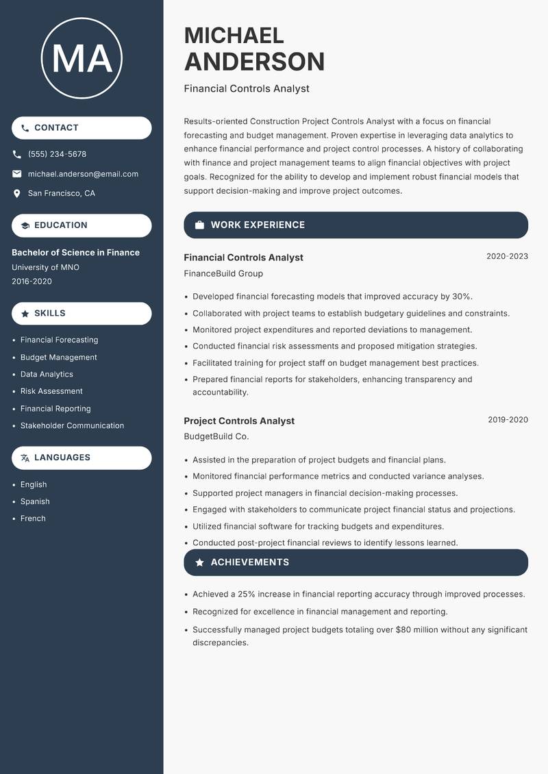 Construction Project Controls Analyst resume sample — Financial Controls Analyst focus