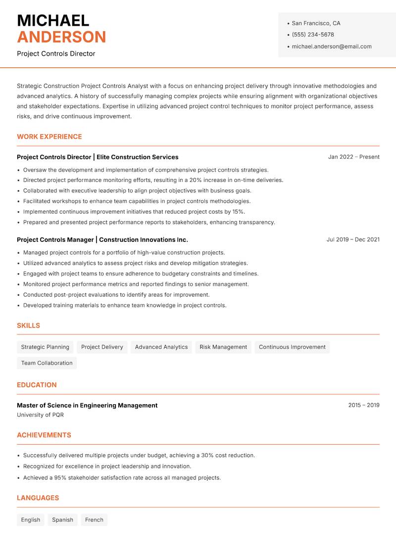 Construction Project Controls Analyst resume sample — Project Controls Director focus