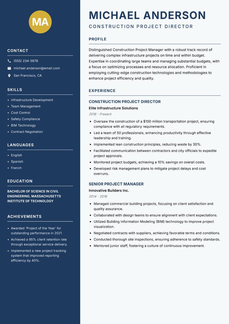 Construction Project Manager resume sample — Construction Project Director focus
