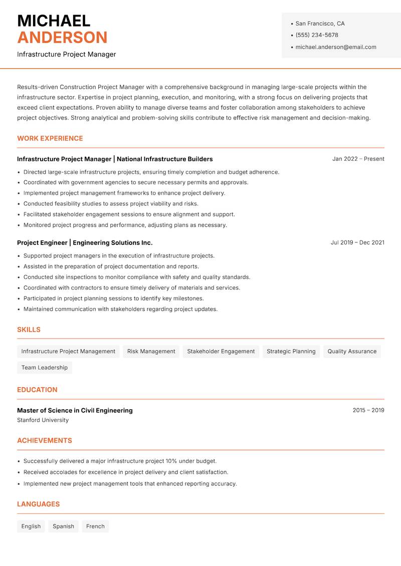 Construction Project Manager resume sample — Infrastructure Project Manager focus