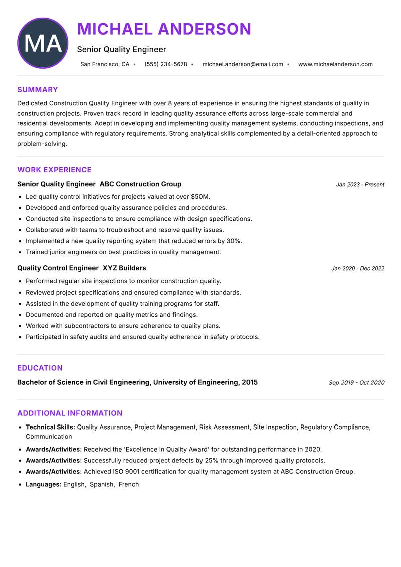 Construction Quality Engineer resume example