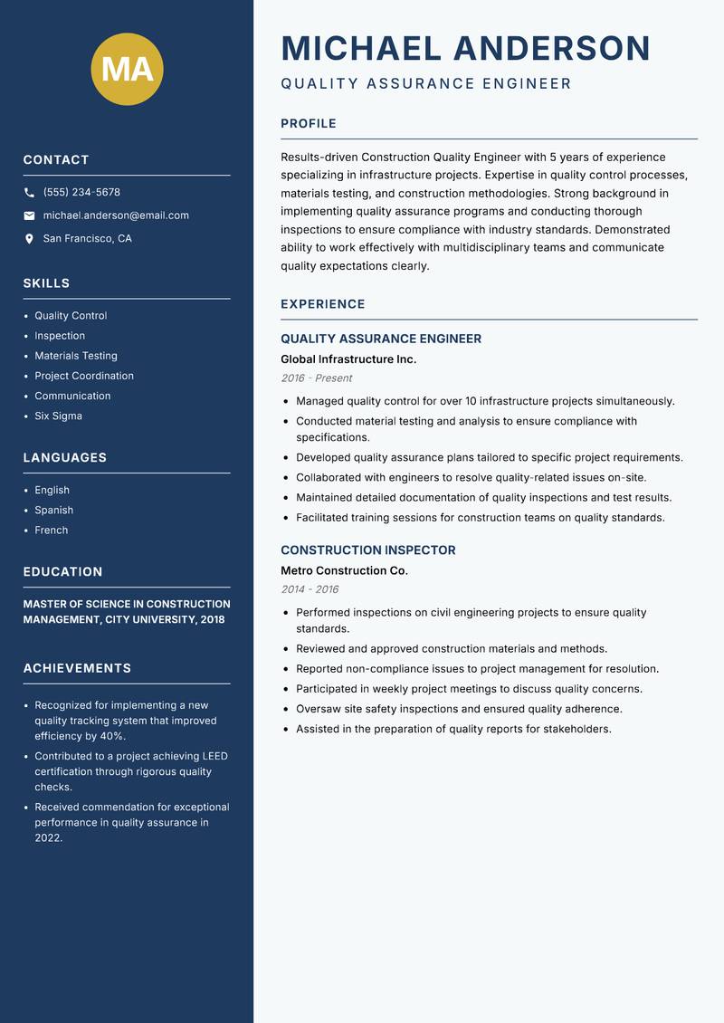 Construction Quality Engineer resume sample — Quality Assurance Engineer focus