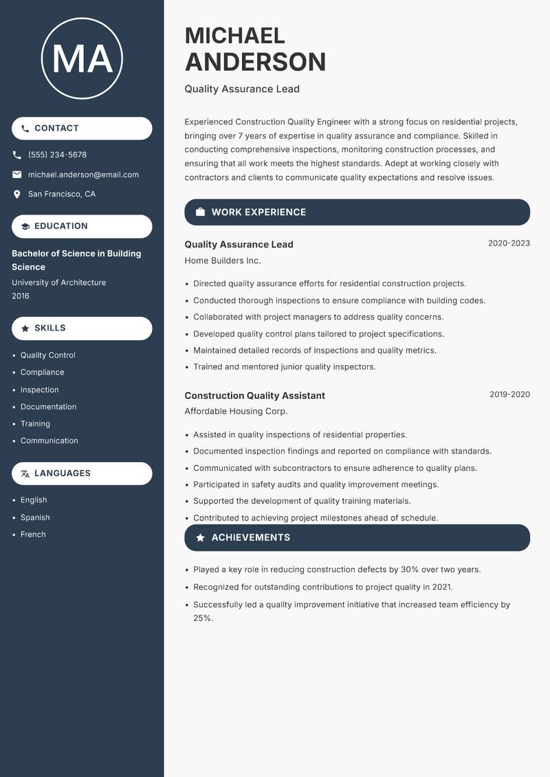 Construction Quality Engineer resume sample — Quality Assurance Lead focus