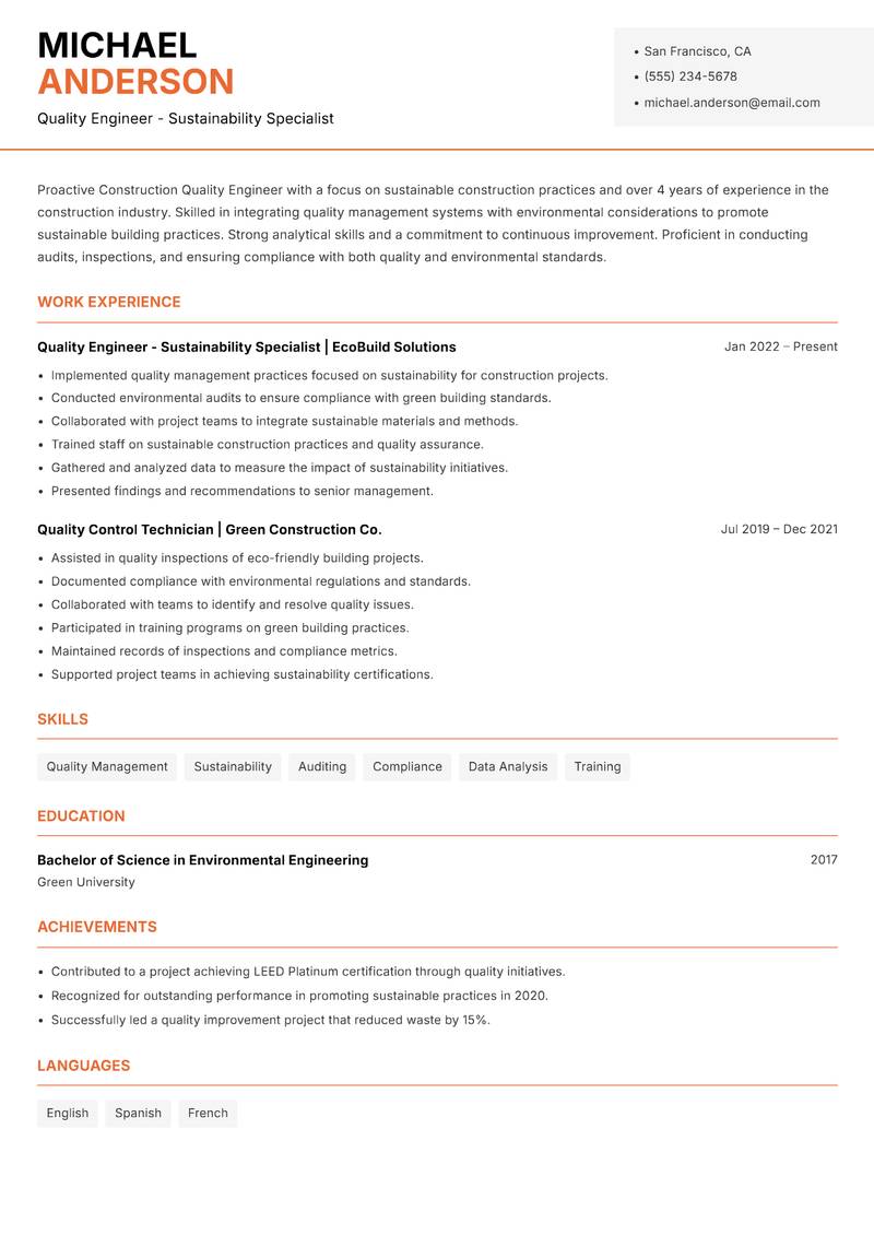 Construction Quality Engineer resume sample — Quality Engineer - Sustainability Specialist focus