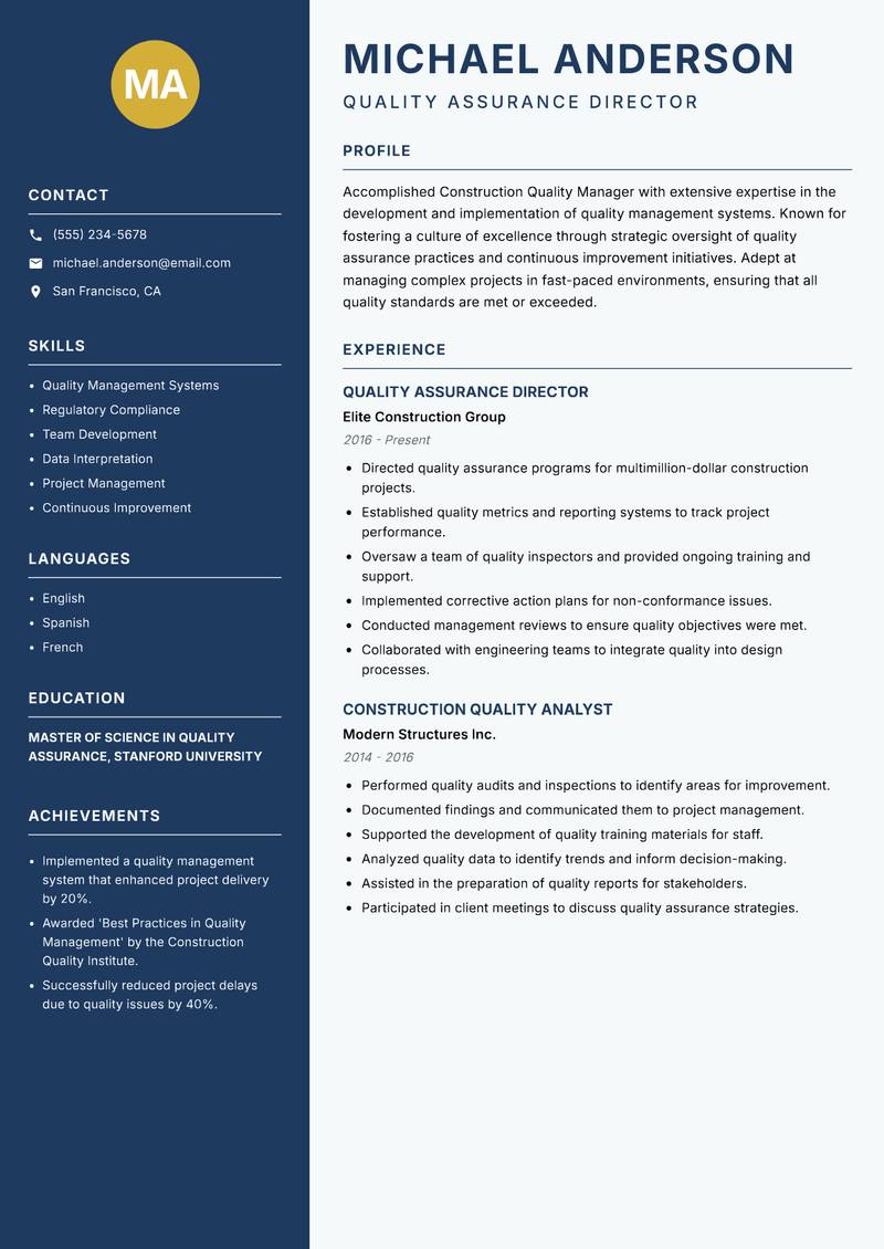 Construction Quality Manager resume sample — Quality Assurance Director focus