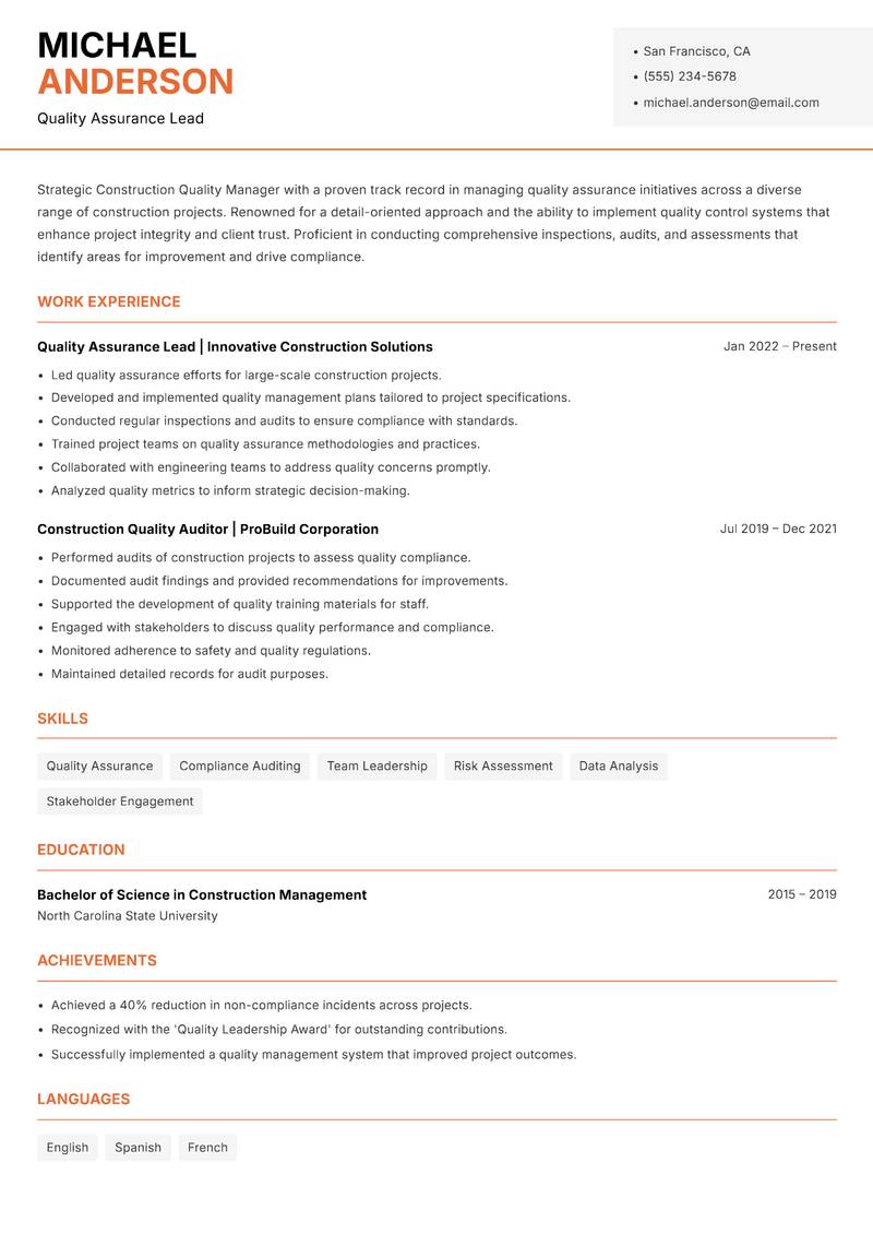 Construction Quality Manager resume sample — Quality Assurance Lead focus