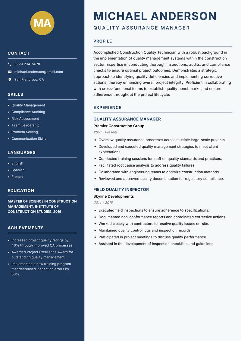 Construction Quality Technician resume sample — Quality Assurance Manager focus