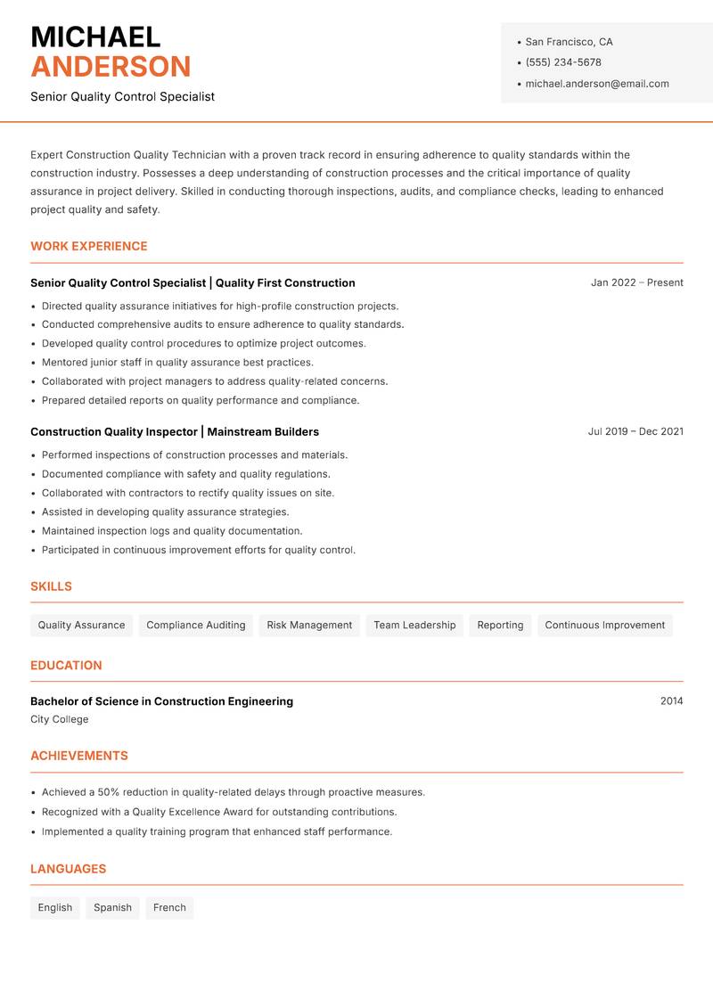 Construction Quality Technician resume sample — Senior Quality Control Specialist focus